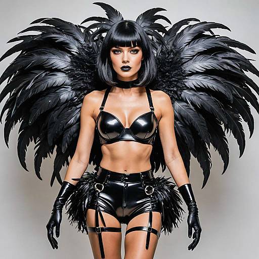 Woman in Black Latex Outfit with Dramatic Feather Wings