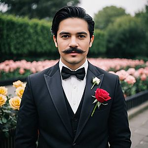 Man in Tuxedo with Mustache in Garden