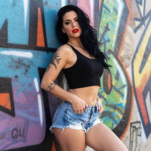Urban Street Style Woman Posing by Graffiti Wall in Black Crop Top and Denim Shorts