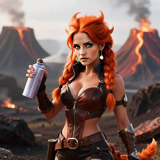 Fiery Redhead Woman in Steampunk Style Outfit Holding Spray Can by Volcanic Eruption