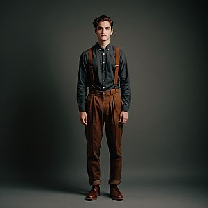 Young Man in Vintage Style Outfit with Suspenders on Dark Background