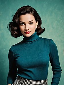 Retro Vintage Style Woman Wearing Teal Turtleneck Sweater Portrait