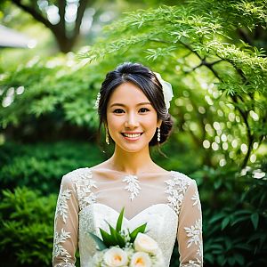 Radiant Bride in Lace Dress with Bouquet