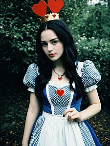 Woman in Alice in Wonderland Queen of Hearts Costume with Heart-Themed Accessories