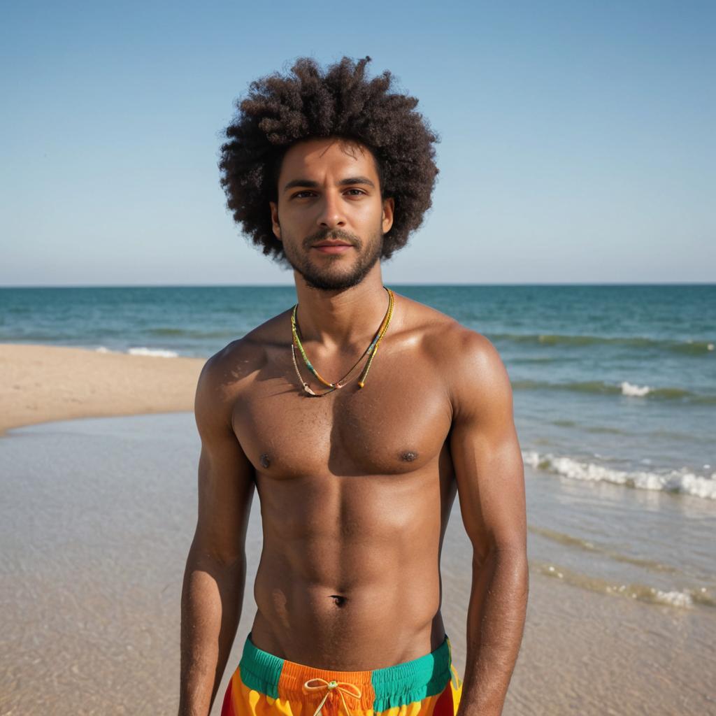 Confident Man on Beach in Vibrant Swim Trunks