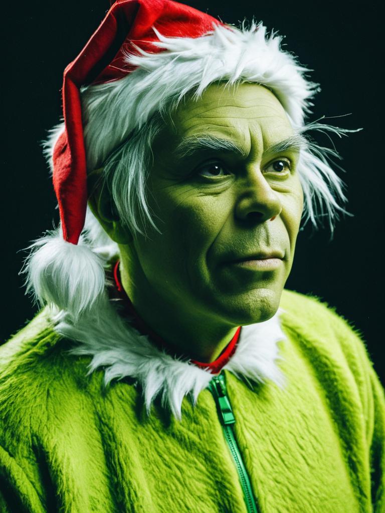 Man in Grinch Costume Cosplay Portrait with Santa Hat