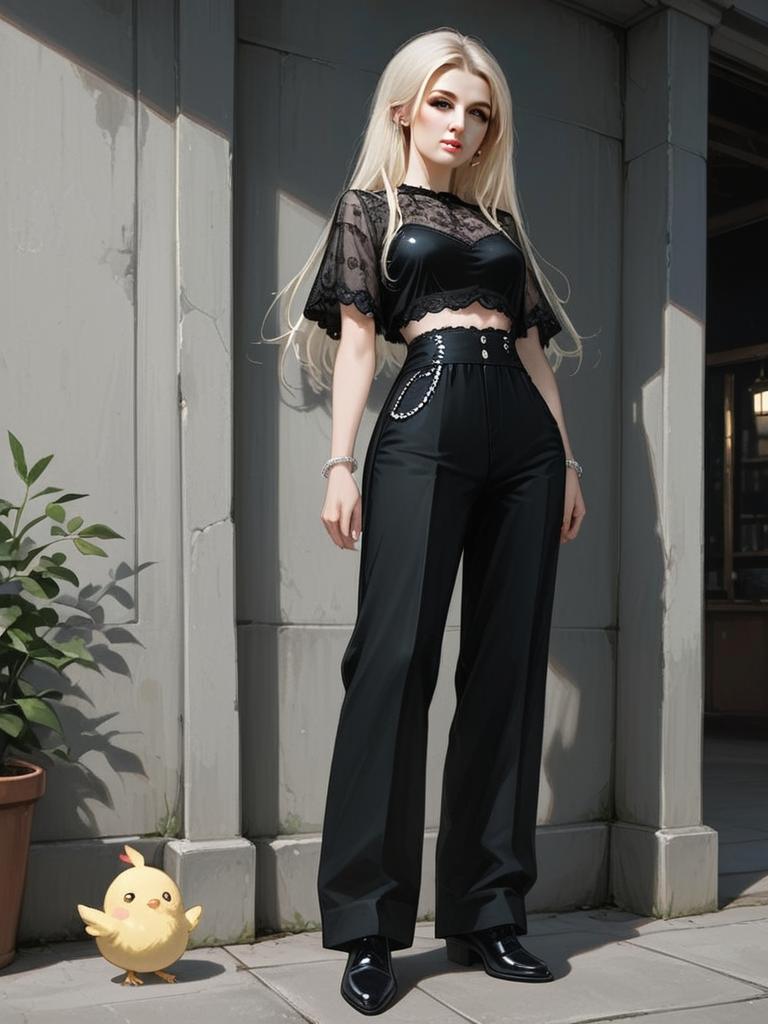 Chic Woman in Black Sequined Crop Top and High-Waisted Trousers Full Body Shot