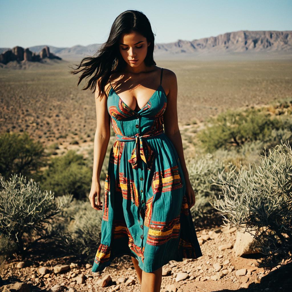 Woman in Vibrant Teal Dress Walking in Desert Landscape