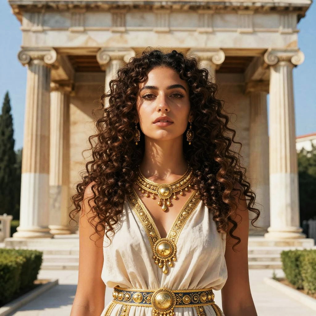 Confident Woman in Gold Jewelry and White Dress by Ancient Greek Temple