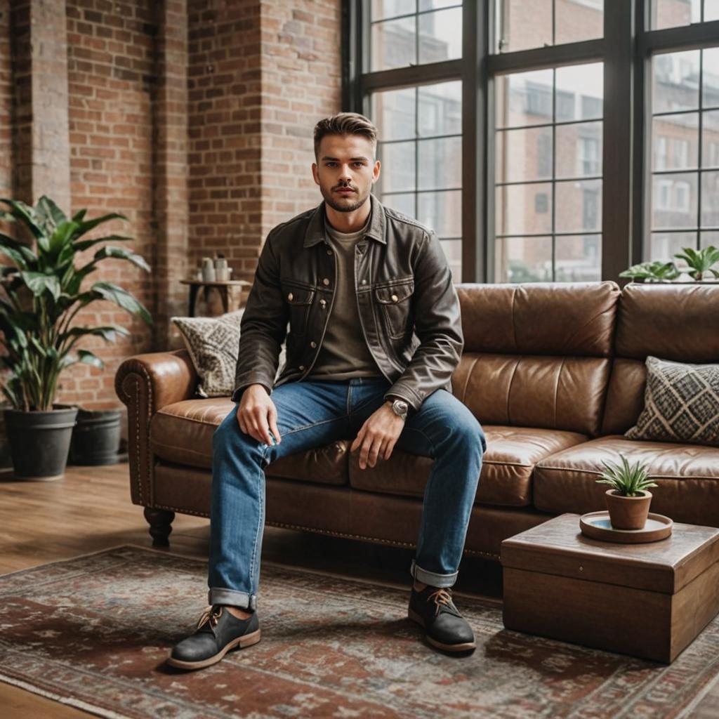 Stylish Man in Brown Leather Jacket on Couch