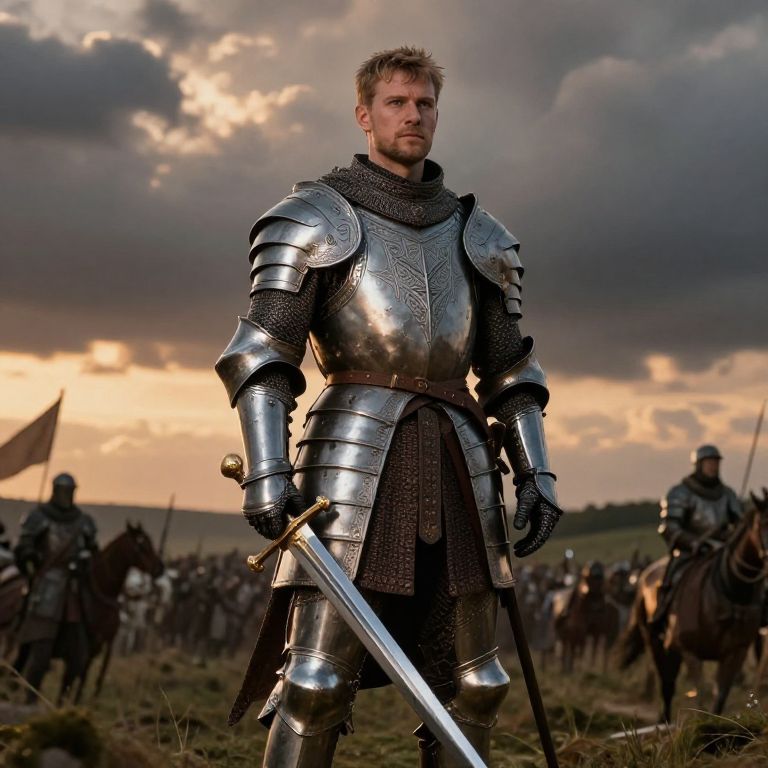 Medieval Knight in Armor Holding Sword with Army Background
