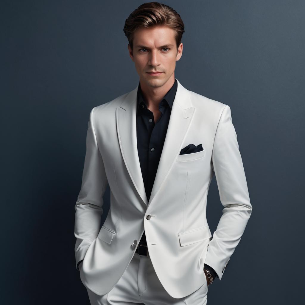 Stylish Man in White Suit Against Dark Background