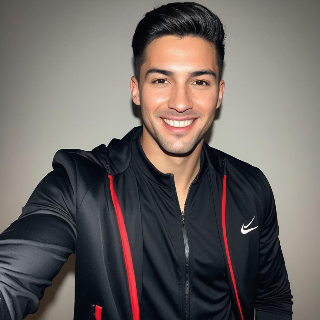 Smiling Young Man in Black Nike Sports Jacket Taking Selfie