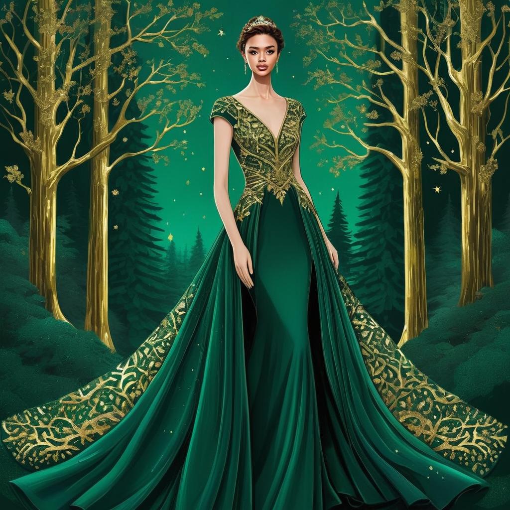 Elegant Woman in Forest-Themed Gown Elegant Woman in Forest-Themed Gown