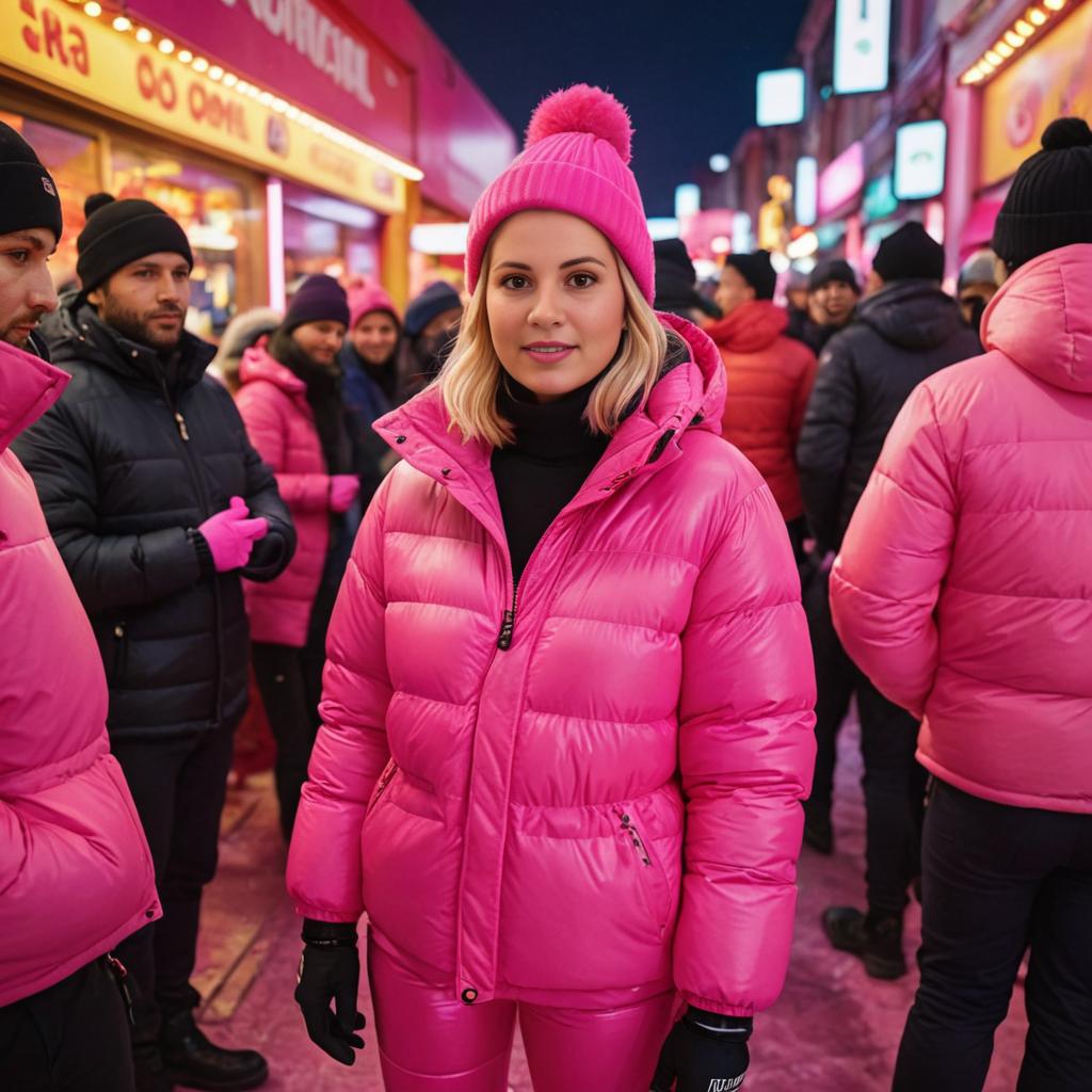 Woman in Pink Jacket in Urban Night Scene