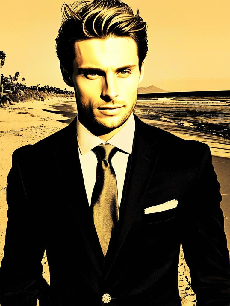 Confident Man in Black Suit on Beach Confident Man in Black Suit on Beach