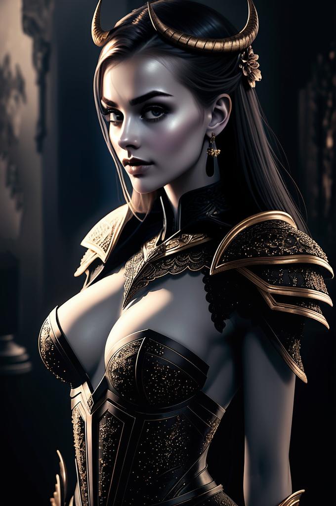 Fantasy Woman Warrior in Dark Gold-Accented Armor with Horns