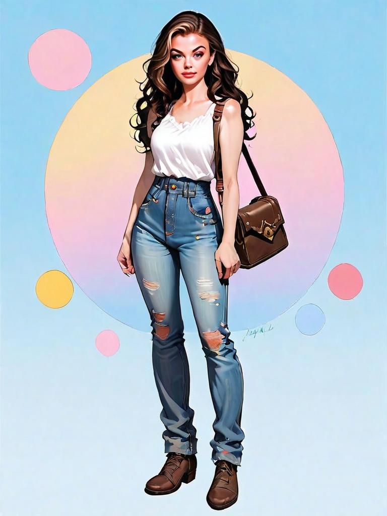 Realistic Comic Style Full-Body Illustration of Casual Woman in Ripped Jeans
