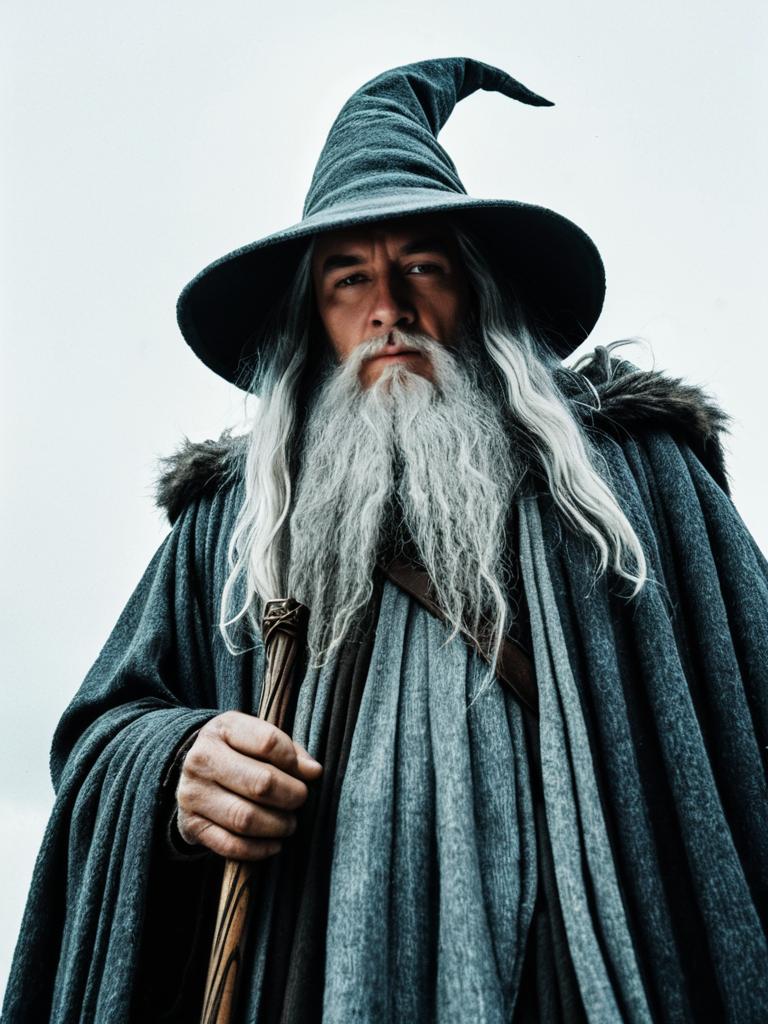 Man in Gandalf Costume Cinematic Realism Dramatic Low Angle Photo
