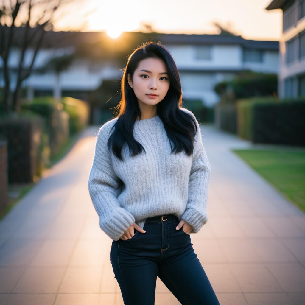 Woman in Cozy Sweater at Sunset