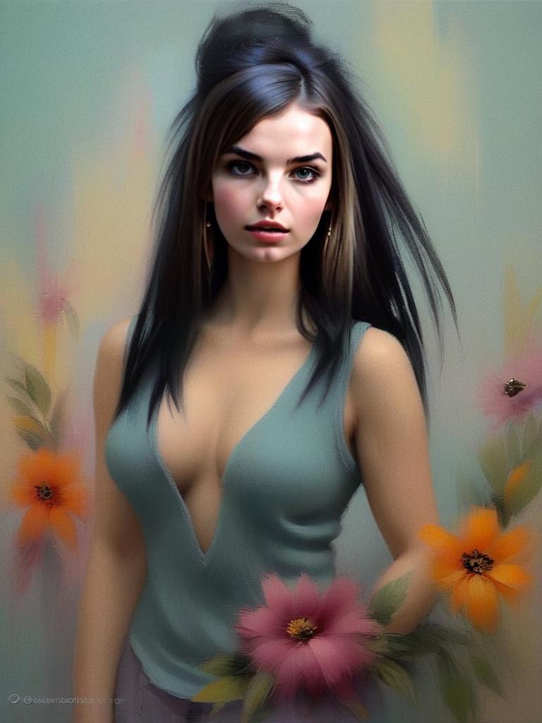 Vibrant Artwork of a Young Woman with Flowers