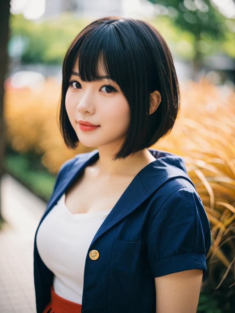 Portrait of Aoyama Sumika with Short Hair Outdoors