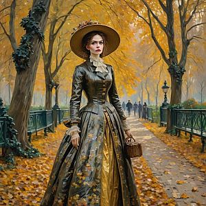 Woman in Vintage Gown on Autumn Pathway