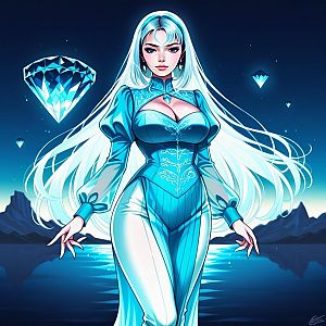 Confident Woman with White Hair in Futuristic Blue Outfit Against Night Landscape