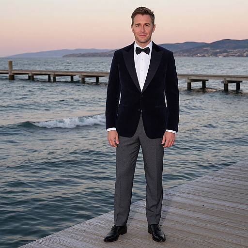 Man in Tuxedo Standing on Pier by the Sea at Sunset