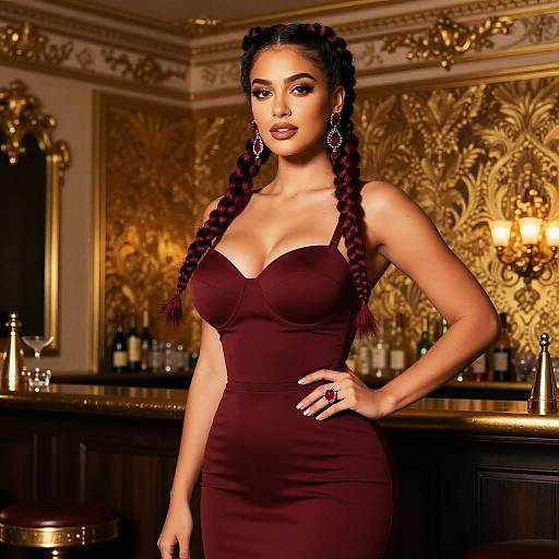 Elegant Woman in Burgundy Dress Posing at Luxurious Bar