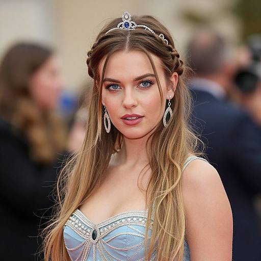 Elegant Woman in Blue Embellished Gown with Jeweled Tiara