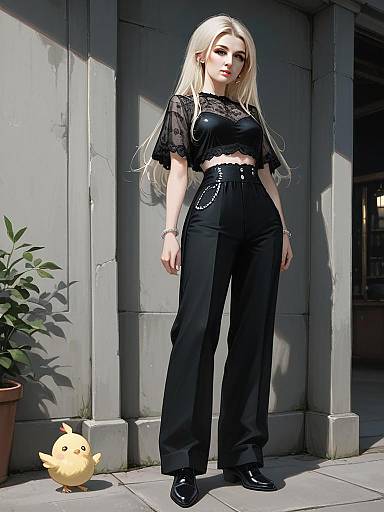 Chic Woman in Black Sequined Crop Top and High-Waisted Trousers Full Body Shot