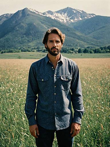 Man Wearing Jersey Button-Down Shirt in Mountain Field Outdoors