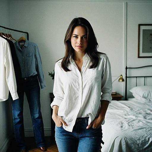 Woman in White Dressy Shirt and Jeans Standing in Minimalist Bedroom