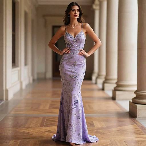 Elegant Lilac Evening Gown with Floral Embroidery on Woman