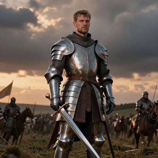 Medieval Knight in Armor Holding Sword with Army Background