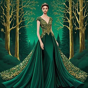Elegant Woman in Forest-Themed Gown