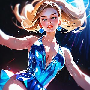 Woman in Shiny Blue Dress with Blonde Hair