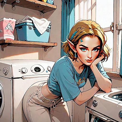 Stylish Elf Woman in Modern Laundry Room Digital Art