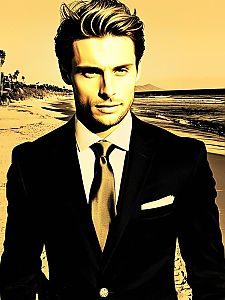 Confident Man in Black Suit on Beach