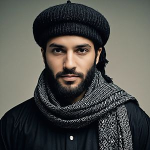Bearded Man in Black Abaya with Scarf