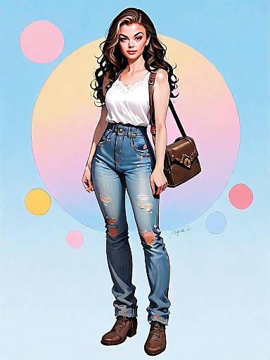 Realistic Comic Style Full-Body Illustration of Casual Woman in Ripped Jeans