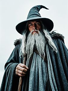 Man in Gandalf Costume Cinematic Realism Dramatic Low Angle Photo