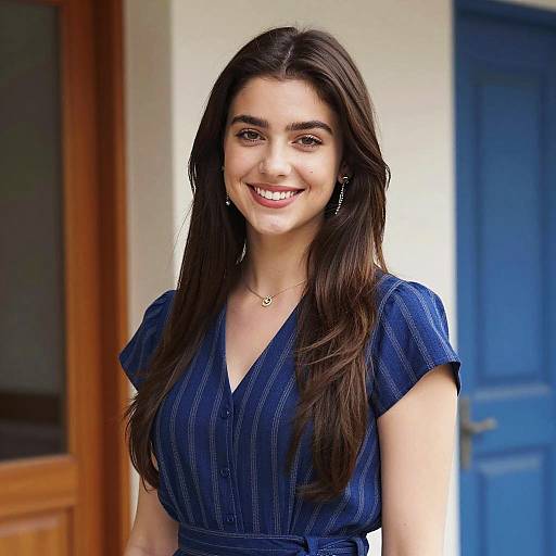 Smiling Young Woman in Blue Striped Dress Near Blue Door