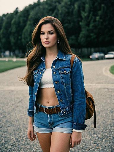 Lana Del Rey Inspired Outfit Woman in Denim Jacket and Shorts