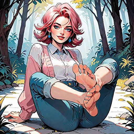 Digital Illustration of Pink-Haired Woman Relaxing in Forest Setting