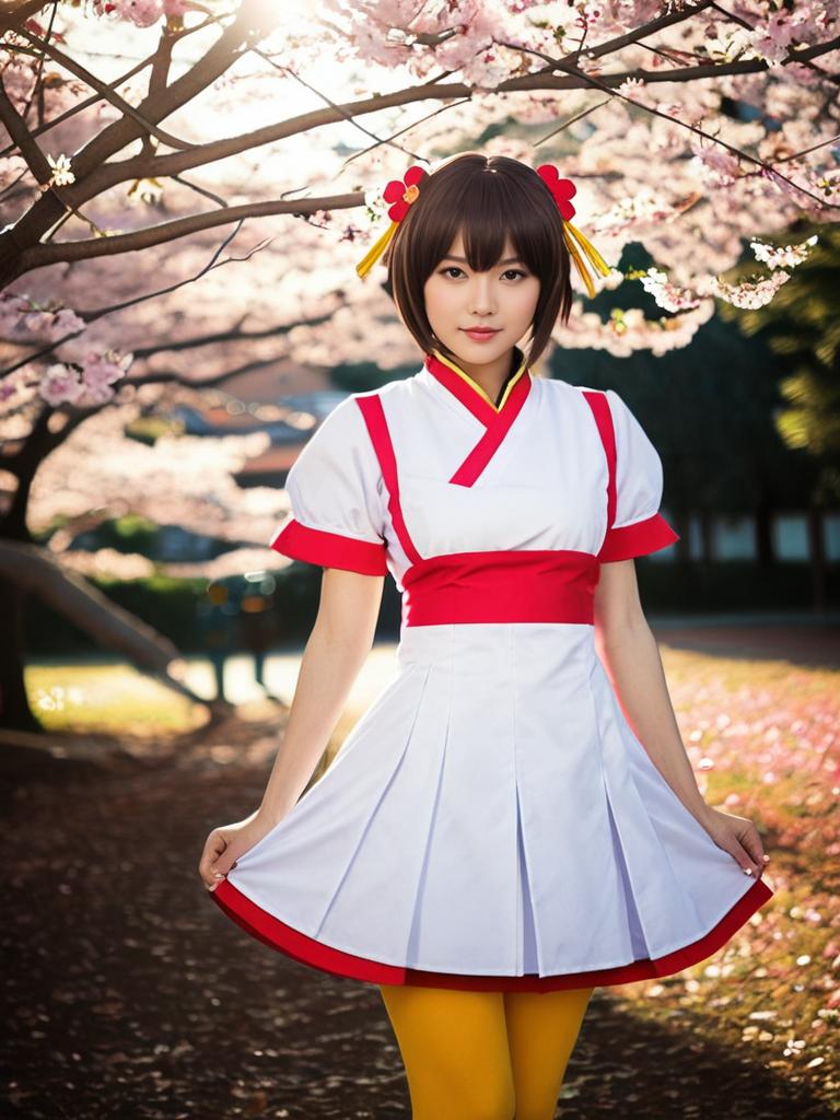 Realistic Sakura Kasugano Cosplay Woman with Cherry Blossoms