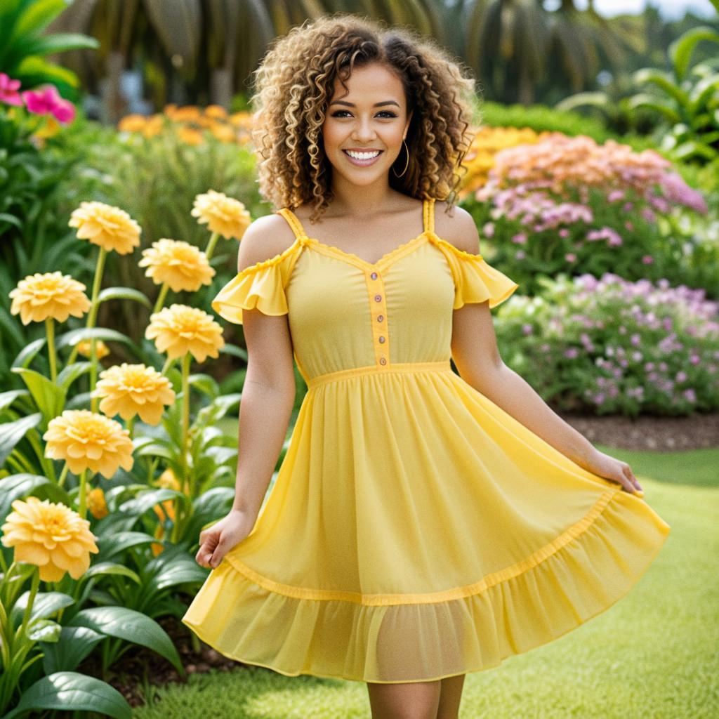 Cheerful Woman in Yellow Dress in Flower Garden