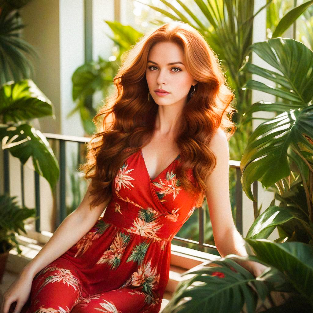 Woman in Red Floral Dress on Balcony Woman in Red Floral Dress on Balcony