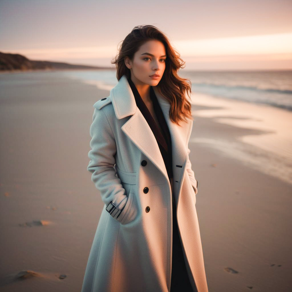 Elegant Woman on Beach at Sunset